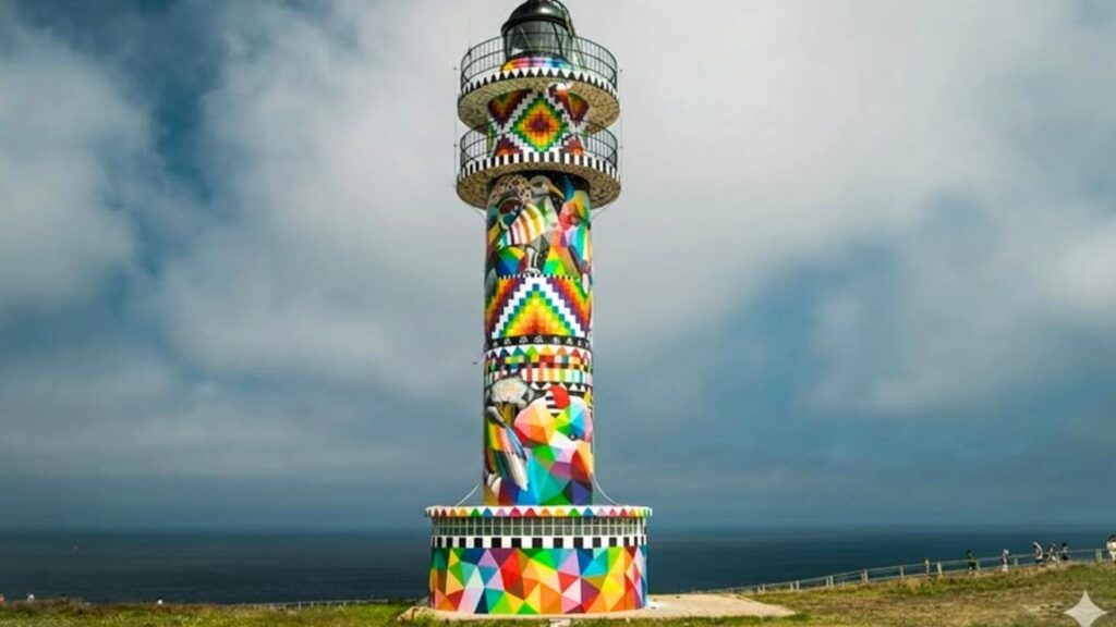 Faro de Ajo en Cantabria decorado con murales geométricos de colores por el artista Okuda San Miguel.
