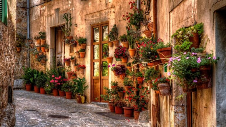 Calle empedrada con fachada decorada con tiestos de cerámica y flores en Valldemossa, Mallorca, Islas Baleares