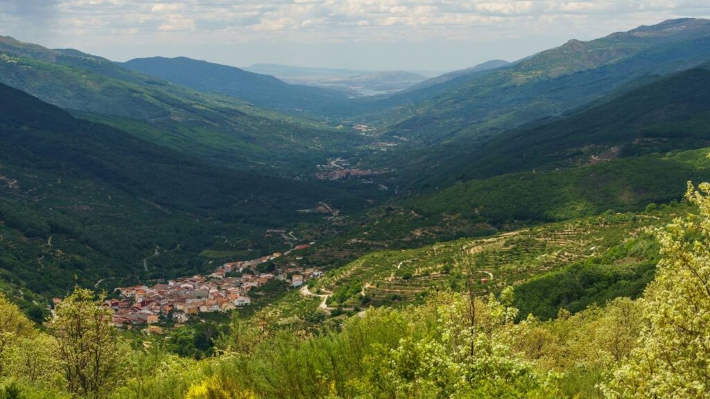 Amplia vista panorámica desde el Puerto de Tornavacas mostrando todo el valle alargado, sus pueblos y las laderas cubiertas de vegetación bajo un cielo con nubes.